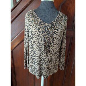 Chicos Womens Leopard Print Sequin Top V-Neck Long Sleeve Size 2 Medium